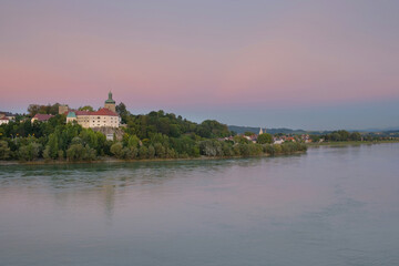Fototapeta na wymiar Evening view of an Austrian village on a Danube river bank. District of Melk, lower Austria
