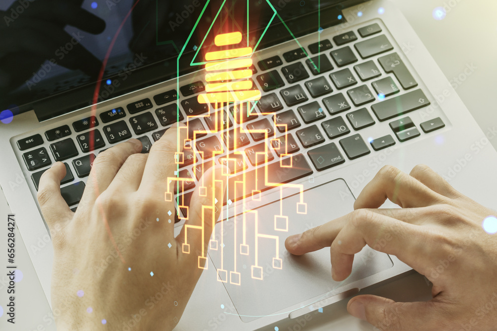 Poster creative light bulb illustration with microcircuit and hands typing on computer keyboard on backgrou