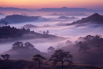 Morning mist in the mountains, Phu Kradueng National Park, Loei, Thailand