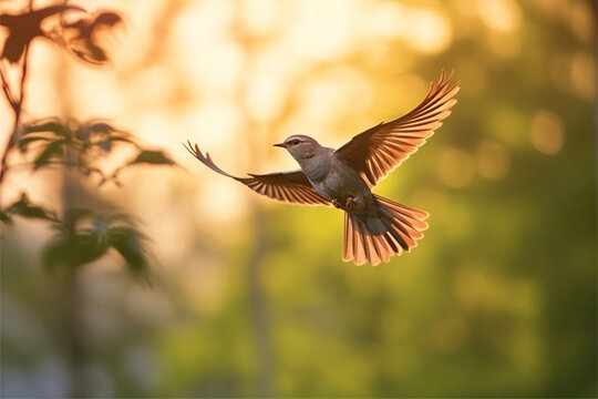 Little bird flying on a tree branch at sunset, nature background.