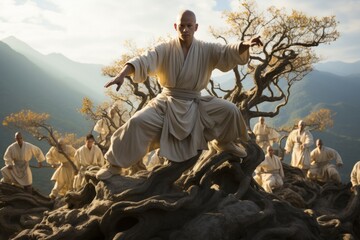  Shaolin disciples practicing balance and control with intricate stances, capturing their dedication to perfection, Generative AI