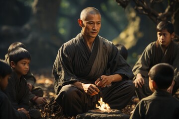 Shaolin master teaching a group of eager students in a serene temple garden, Generative AI
