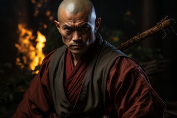 Shaolin warrior practicing with the iconic staff weapon, capturing the elegance and strength of their movements, Generative AI