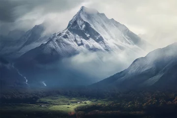 Papier Peint photo autocollant Everest Mountain landscape with snow-capped peaks at sunset