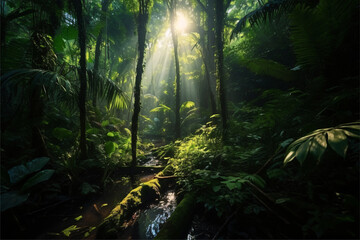 Mysterious forest in the light of the morning sun - obrazy, fototapety, plakaty