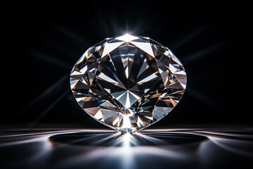 Circular diamond on reflective black background with light and shadow effects. Generative AI - obrazy, fototapety, plakaty