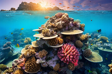 Colorful coral reef and tropical fish in the Red Sea