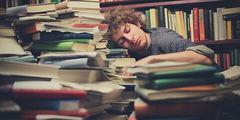 Male student who is overly worn out is sleeping on a stack of textbooks in his room.generative ai