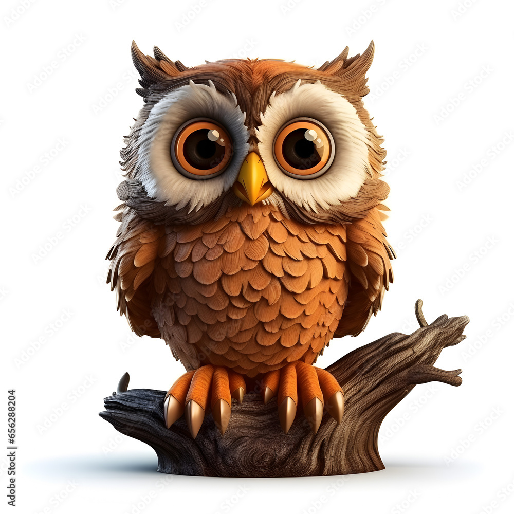 Poster cartoon 3d owl on the tree isolated on white