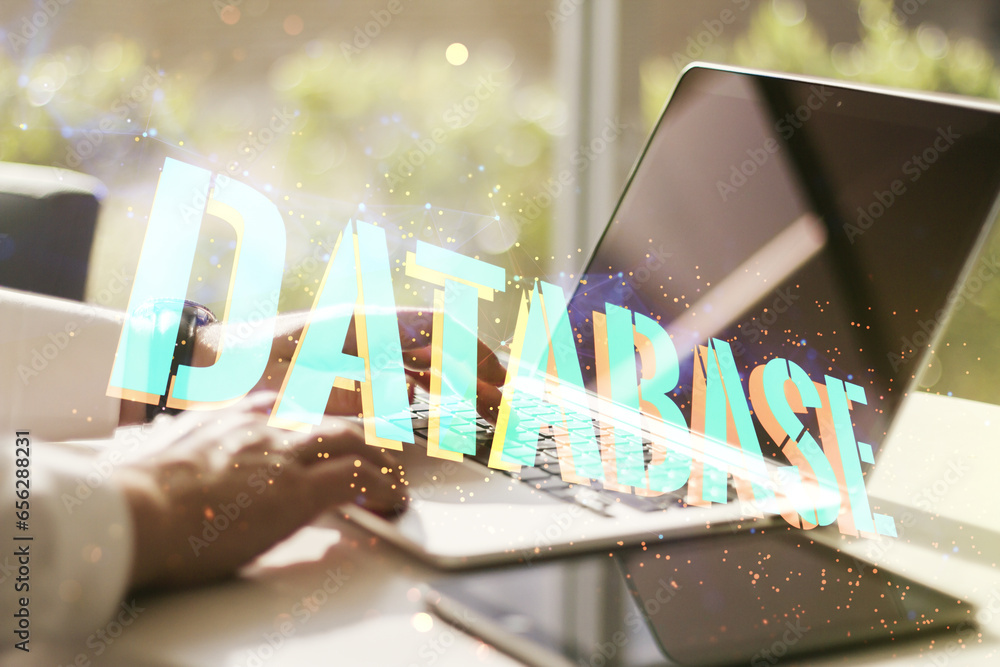 Poster double exposure of database word sign with hands typing on computer keyboard on background, global r