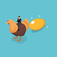 White hen laying shiny gold egg on turquoise blue 3d vector concept for banner, website, illustration, landing page, flyer, etc