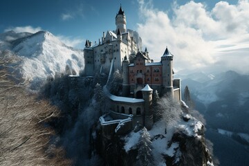 A snow-covered mountain castle. Generative AI - obrazy, fototapety, plakaty