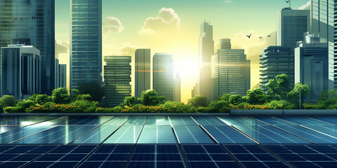 Ecological energy renewable solar panel plant with urban landscape landmarks,generative ai