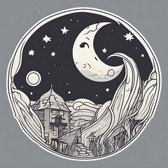 village in night with moon round badge