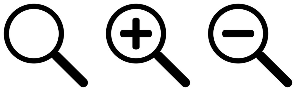 Magnifying glass icon set. Search symbol. Zoom in and zoom out sign. Magnifier illustration isolated on transparent background.