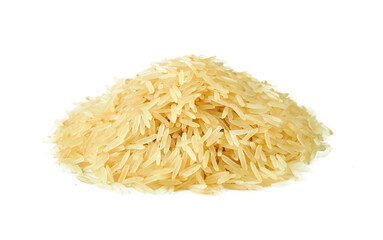 Indian yellow long basmati rice isolated on white background. pile of Indian yellow long basmati rice isolated. heap of Indian yellow long basmati rice isolated