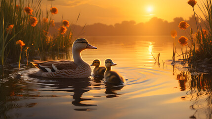 Duck and Ducklings Wading in a Pond at Sunset