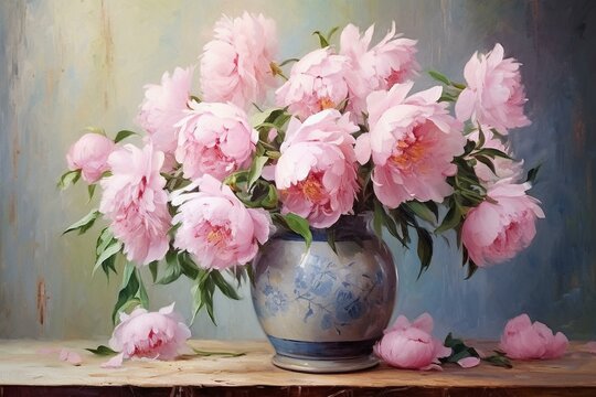 Oil painting of pink peonies in a vase, bouquet in a garden. Digital printable art, large wall decor. Generative AI