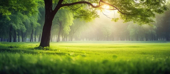 Foto op Plexiglas Forest park with green trees and grass soft sunlight in the morning calm and refreshing air a natural landscape garden for relaxation and rejuvenation perfect for picnics and promoting a he © 2rogan