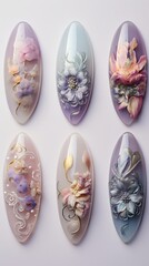 Nails esigns elevate your look with elegant and creative luxury. Flowers details gel polish. Nail art and design ideas. Light purple background