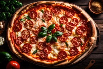 A freshly baked wood-fired version of the traditional margherita pizza  