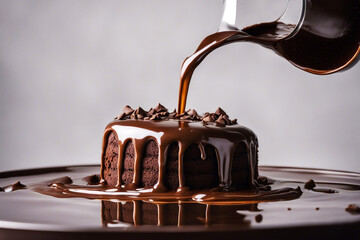 Pouring chocolate over the cake