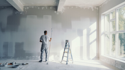 Asian painter male worker paints a wall with a paint roller Repainting the walls inside the house,generative ai
