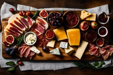 Prosciutto, brie, and fig preserves on a cheese and charcuterie board.