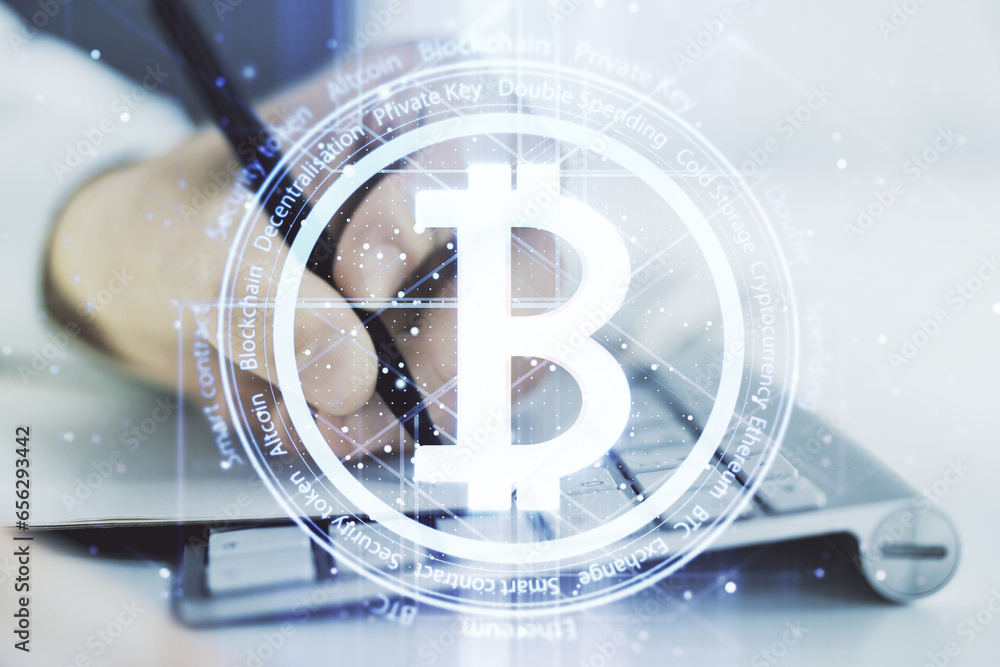 Poster double exposure of creative bitcoin symbol with hand writing in notebook on background with laptop. 