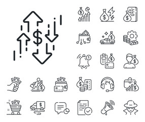 Currency exchange sign. Cash money, loan and mortgage outline icons. Dollar rates line icon. Money trade symbol. Dollar rate line sign. Credit card, crypto wallet icon. Inflation, job salary. Vector