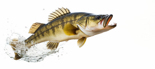 Largemouth bass fish jumping out of water isolated on white background - obrazy, fototapety, plakaty