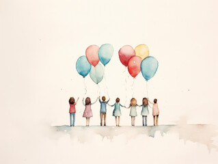A Minimal Watercolor of a Group Huddled Together Releasing Balloons with Messages