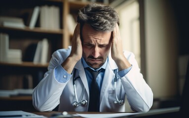 Stressed doctor man in the clinic under pressure. Generative AI