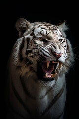 a white saber-toothed tiger on dark background,generative ai