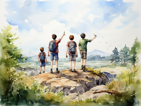 A Minimal Watercolor of Friends Enjoying an Outdoor Scavenger Hunt