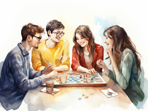 A Minimal Watercolor of Friends Enjoying a Board Game Marathon