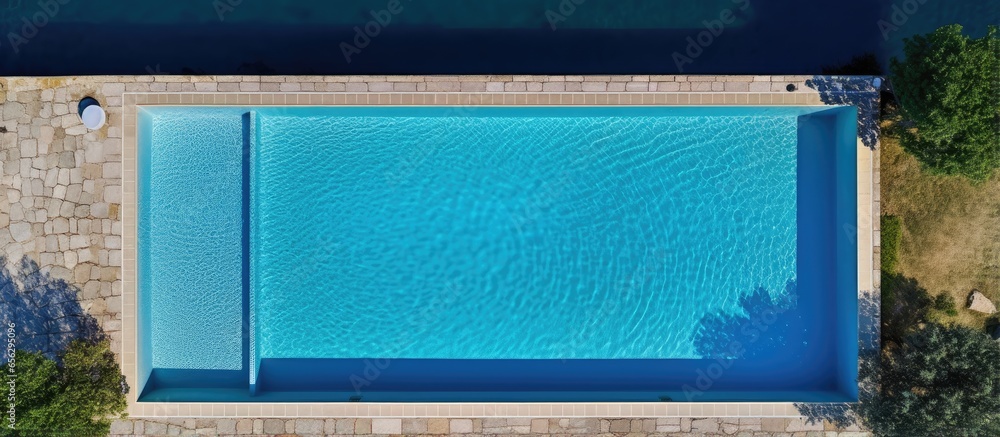 Aufkleber an aerial view of a rectangular swimming pool with a diving board located at a large villa featuring