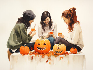 A Minimal Watercolor of Friends Having a Pumpkin Carving Competition