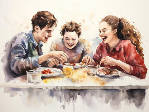A Minimal Watercolor of Friends Having a Pie Eating Contest