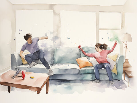 A Minimal Watercolor of Friends Having a Pillow Fight in the Living Room