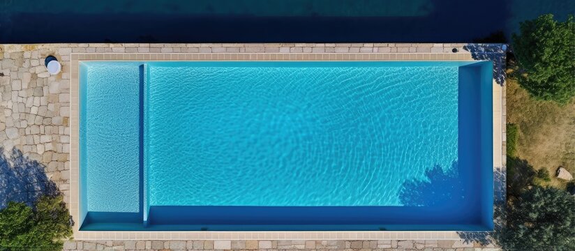 An aerial view of a rectangular swimming pool with a diving board located at a large villa featuring clear water and visible steps surrounded by a stone floor