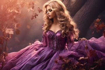 Art photo young beauty woman queen. autumn purple mystic tree. fantasy entrance world magic divine glowing in dark deep forest