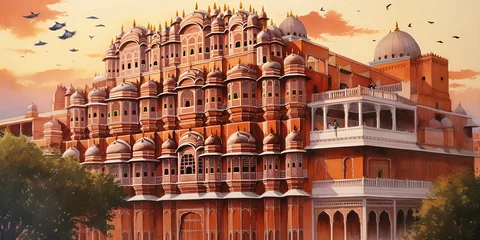 Fotobehang watercolor painting India See buildings and places as landmarks,generative ai © Krisana