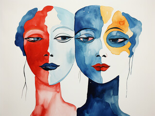 A Minimal Watercolor of Friends with Faces Painted Celebrating a Fusion of Traditions