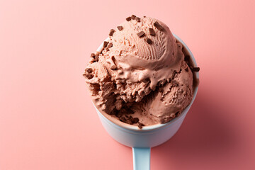 A chocolate ice cream with a scoop with creamy texture on pastel background, Overhead shot, created with Generative AI - obrazy, fototapety, plakaty