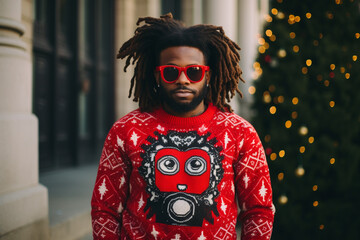 Man wearing ugly red Christmas sweater