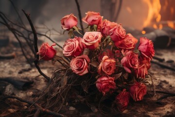 A bouquet of roses thriving in the midst of a scorching wildfire, symbolizing resilience and hope.