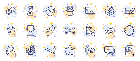 Outline set of Star, Hat-trick and Analytics graph line icons for web app. Include Copyright laptop, Coins, Shopping pictogram icons. Medical cleaning, Refresh bitcoin, Pie chart signs. Vector
