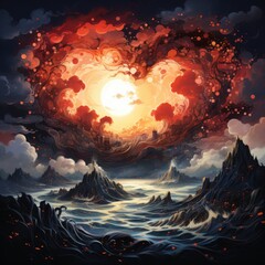 An abstract, dreamlike portrayal of a heart-shaped island surrounded by a sea of swirling emotions, symbolizing the intensity of love.