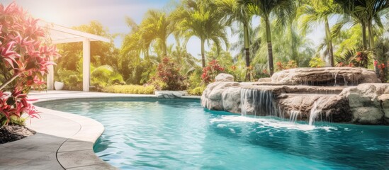 Backyard oasis with inground pool waterfall and hot tub